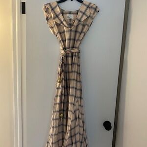 Lisa Marie Fernandez Blush Plaid Sleeveless Linen Dress with Belt